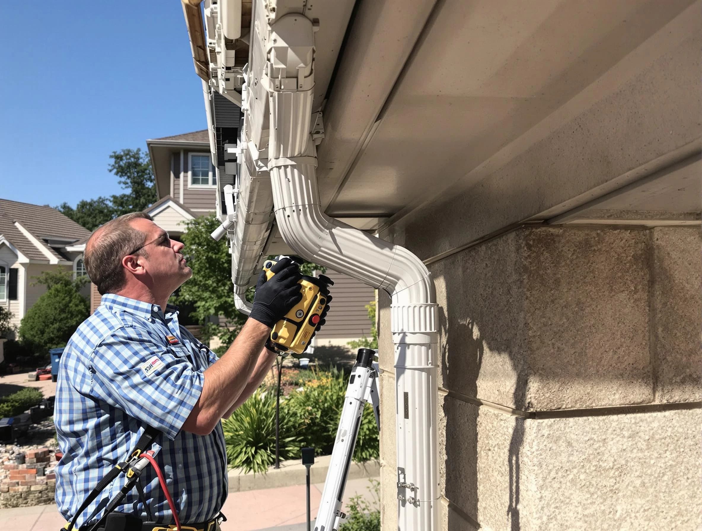 Close-up of a restored downspout system by Brecksville Roofing Company in Brecksville, OH