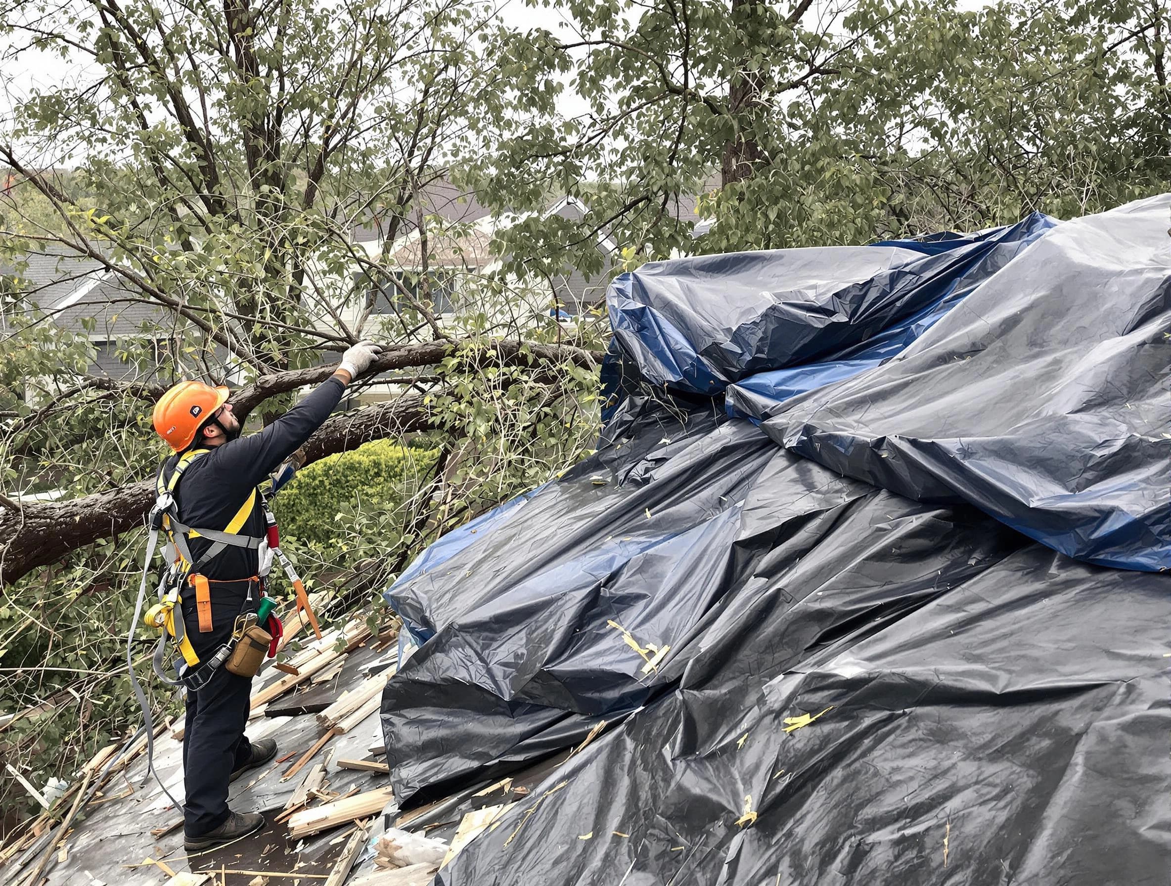 A tarped roof after storm damage repaired by Brecksville Roofing Company in Brecksville, OH