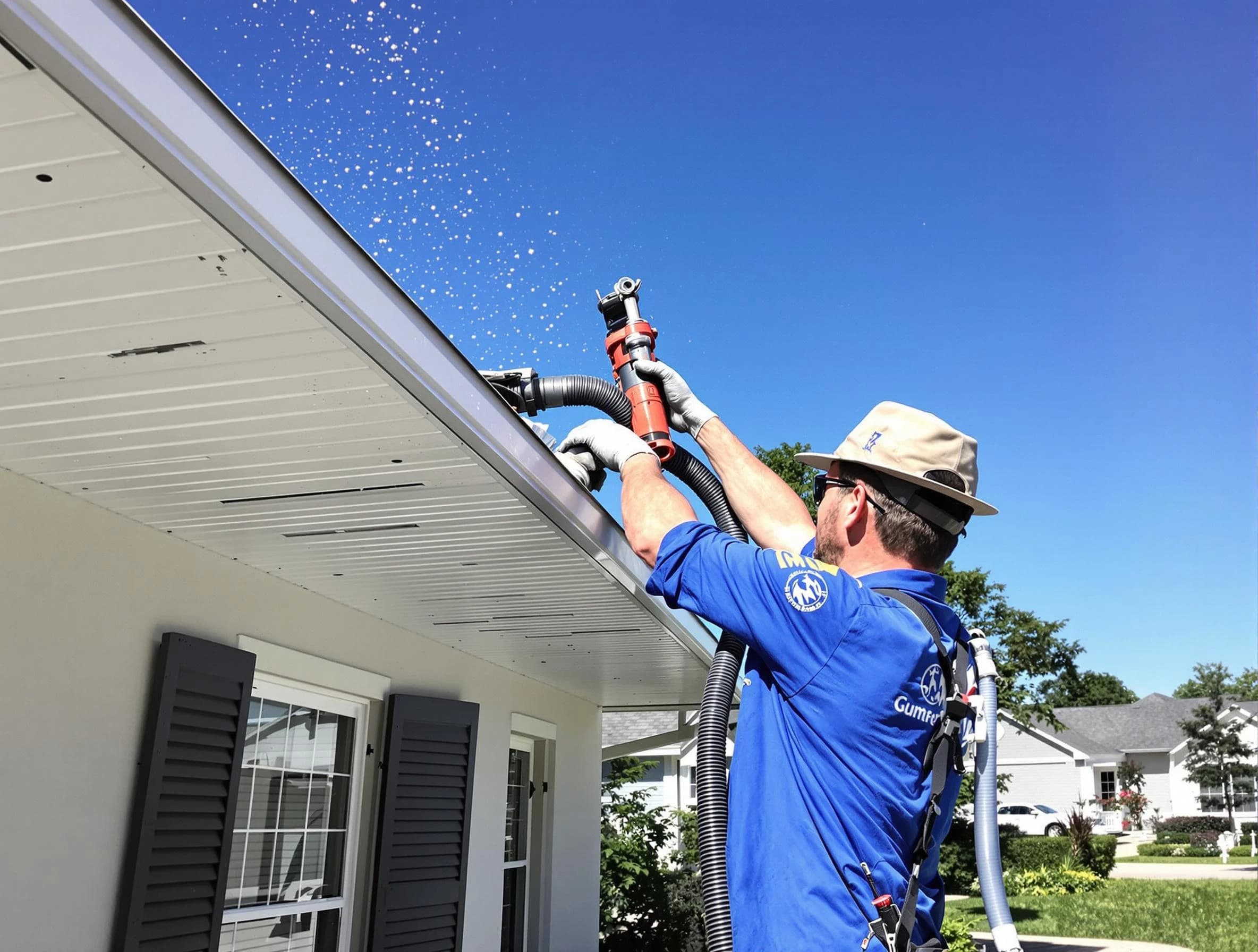 Technician completing a gutter cleaning project by Brecksville Roofing Company in Brecksville, OH